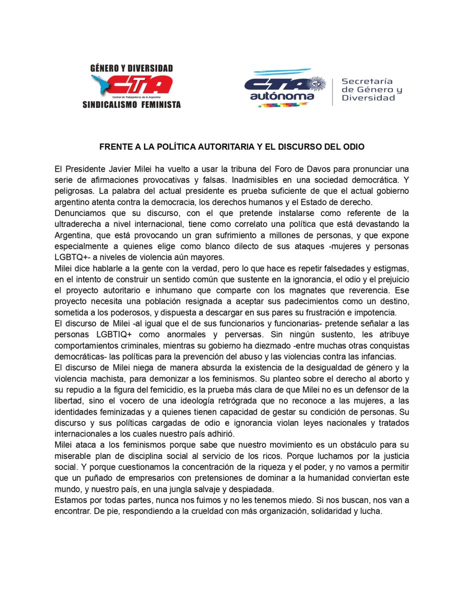 Frente a la política autoritaria y el discurso del odio. 

Milei y el gobierno argentino atentan contra la democracia, los derechos humanos y el Estado de derecho. 

Estamos por todas partes, nunca nos fuimos y no les tenemos miedo.