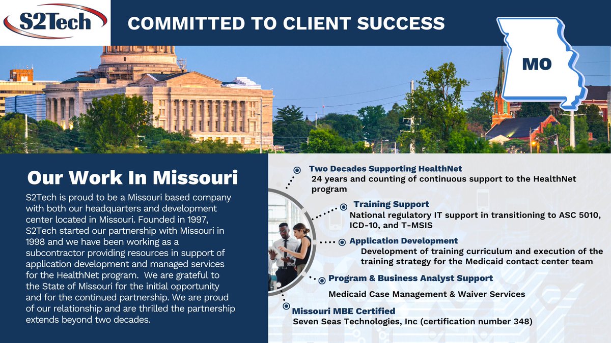 We’re proud to call Missouri home! Since 1997, S2Tech has partnered with the State of Missouri to support HealthNet with application development &amp; managed services. Grateful for 20+ years of collaboration &amp; innovation! 🌐Learn more: S2Tech.com

#MissouriProud #S2Tech