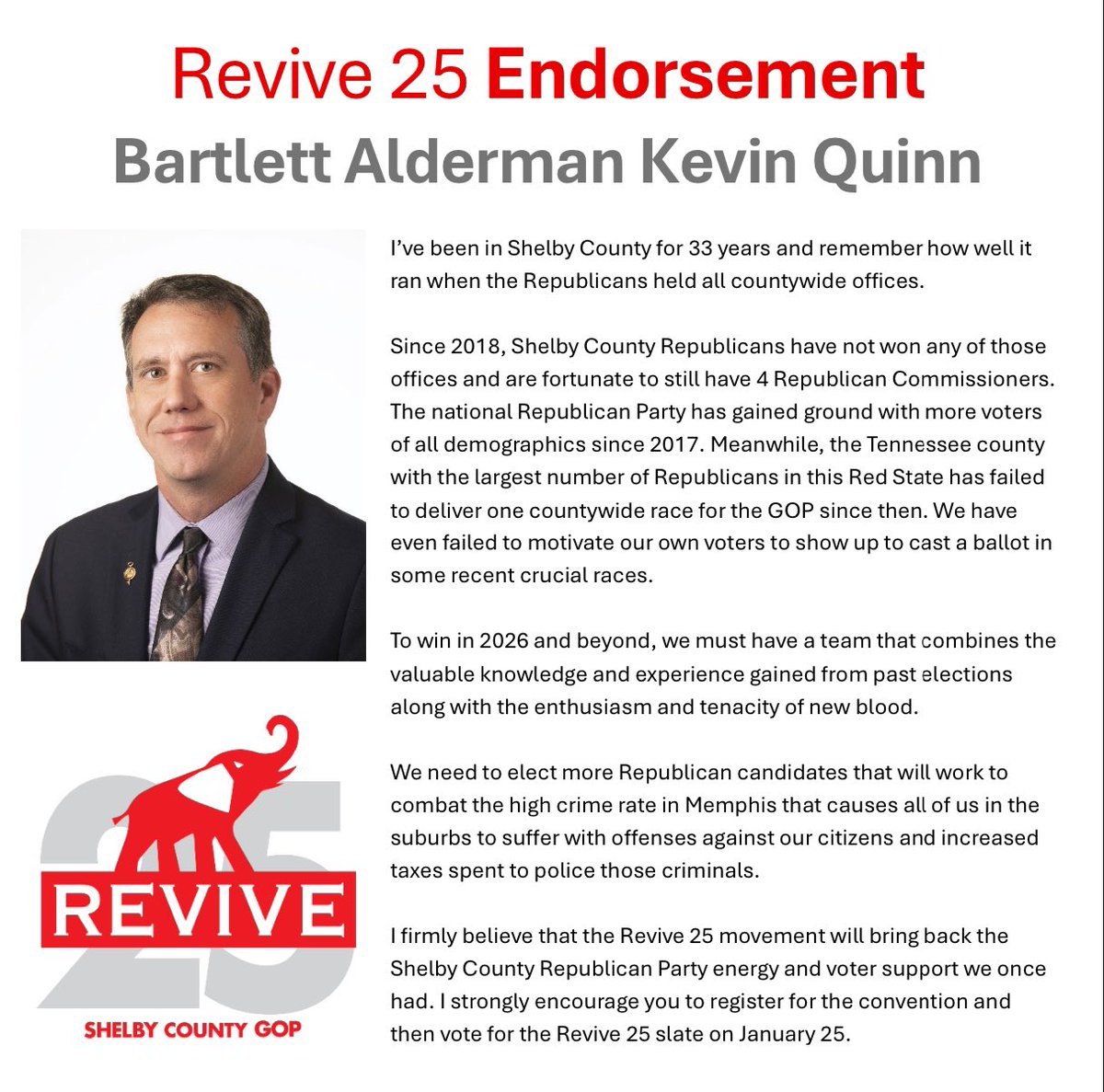 Revive2025's tweet photo. Not only is the Revive 25 endorsed by nearly every elected Republican in Shelby County, but we have many endorsements from non-partisan municipal elected officials too! They’re ready for a well-organized Shelby GOP so we can put our Party back in fighting shape. https://t.co/O3fJwyrZgu