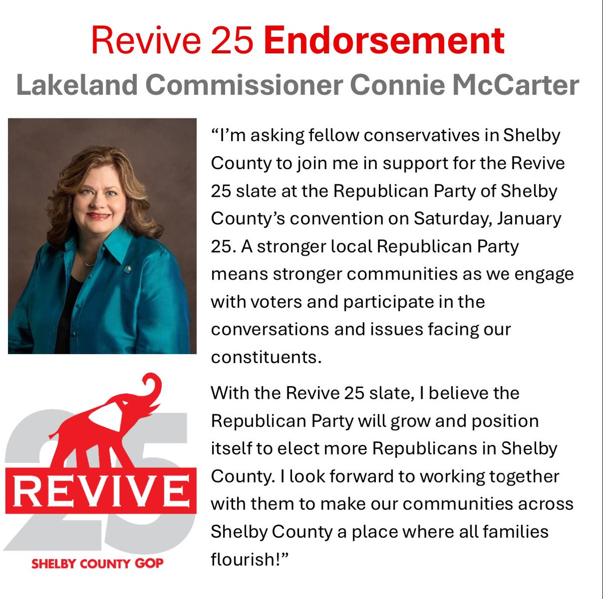 Revive2025's tweet photo. Not only is the Revive 25 endorsed by nearly every elected Republican in Shelby County, but we have many endorsements from non-partisan municipal elected officials too! They’re ready for a well-organized Shelby GOP so we can put our Party back in fighting shape. https://t.co/O3fJwyrZgu