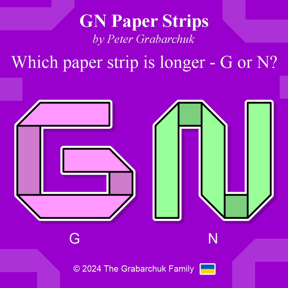 PuzzleMove's tweet photo. GN Paper Strips (by Peter Grabarchuk). Which paper strip is longer - G or N?
#GNPaperStrips #Grabarchuk #puzzle #paperstrips #foldstrips #foldpuzzle #letterpuzzle #brainteaser #solve #challenge #think #SupportUkraine πΊπ¦ https://t.co/2i2fQaFpTO