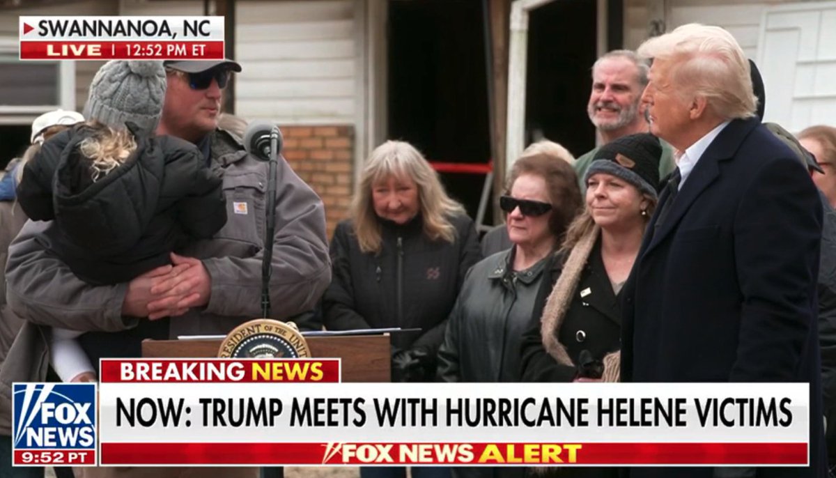 President Trump has handed his press conference over to victims of Hurricane Helene and is asking them on national television to name the insurance companies that have stiffed them. Absolutely epic stuff.