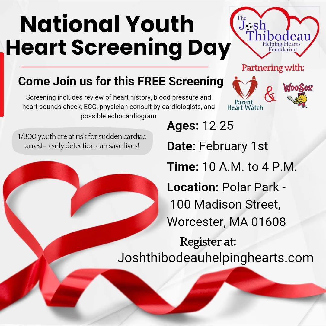 On "National Youth Heart Screening Day” on 2/1, we’re partnering with the Josh Thibodeau Helping Hearts Foundation to host a FREE event at Polar Park, at which children &amp; young adults ages can receive an EKG, consult with physicians &amp; cardiologists, practice CPR, and more!