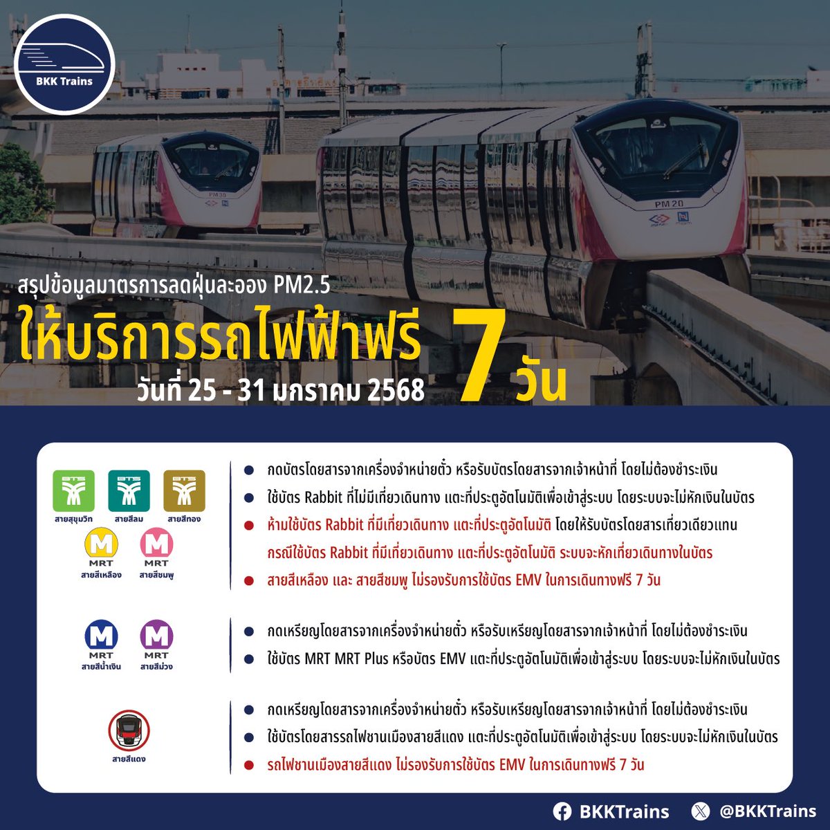🔹 สรุปข้อมูลการให้บริการ ให้บริการรถไฟฟ้าฟรี 7 วัน
🔹 วันที่ 25 - 31 มกราคม 2568
🔹 ตามมาตรการลดฝุ่นละออง PM2.5 ของรัฐบาล