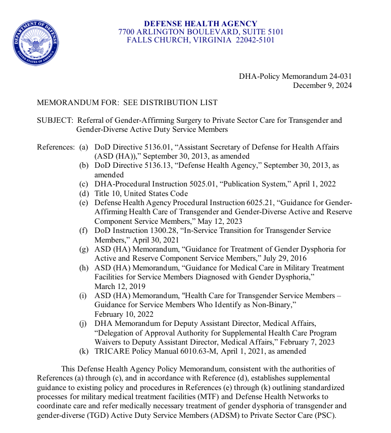 libsoftiktok's tweet image. A source on a military base sent me this. Defense Health Agency Lieutenant General Telita Crosland recently sent a memorandum detailing guidance on providing trans treatments to service members.

I’m told they’re still pushing this out and promoting it despite Trump’s order…