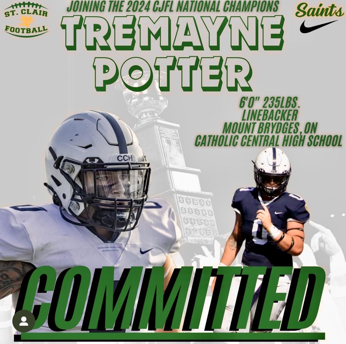 Saints Nation welcomes LB Tre Potter from powerhouse Catholic Central HIgh School.  Adding another violent and dynamic weapon to our record setting Defence.   Welcome to the National Champs Tre!   Big things are coming.   Go Saints!