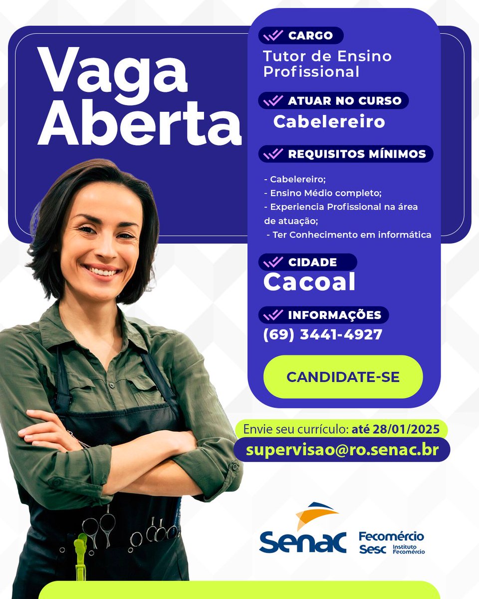 🚨 Alerta de Vagas: O Senac em Cacoal está contratando! Estamos em busca de profissionais qualificados para atuar como Tutor de Ensino Profissional no curso de Cabeleireiro. Confira os detalhes sobre o cargo e envie seu currículo até o dia 28/01/2025. #havagas #senacro