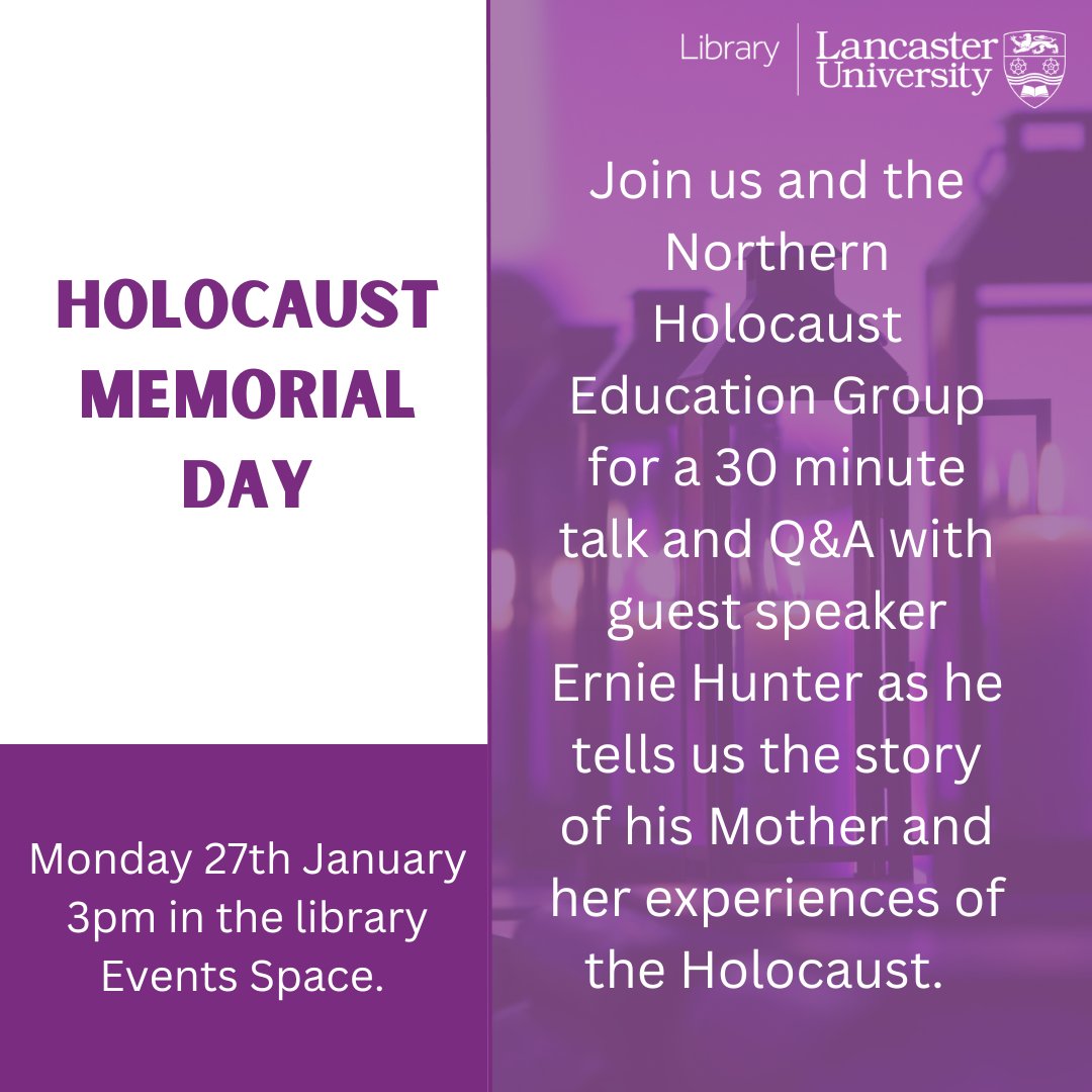 Lancaster University Library (@lancasterunilib) on Twitter photo Monday 27th of January, in the events space, we are hosting a talk and Q&A with NHEG member, Ernie Hunter as he discusses his Mother's story of living during the Holocaust. nheg.org.uk 
Photo credit to Holocaust Memorial Day Trust hmd.org.uk Monday 27th of January, in the events space, we are hosting a talk and Q&A with NHEG member, Ernie Hunter as he discusses his Mother's story of living during the Holocaust. nheg.org.uk 
Photo credit to Holocaust Memorial Day Trust hmd.org.uk
