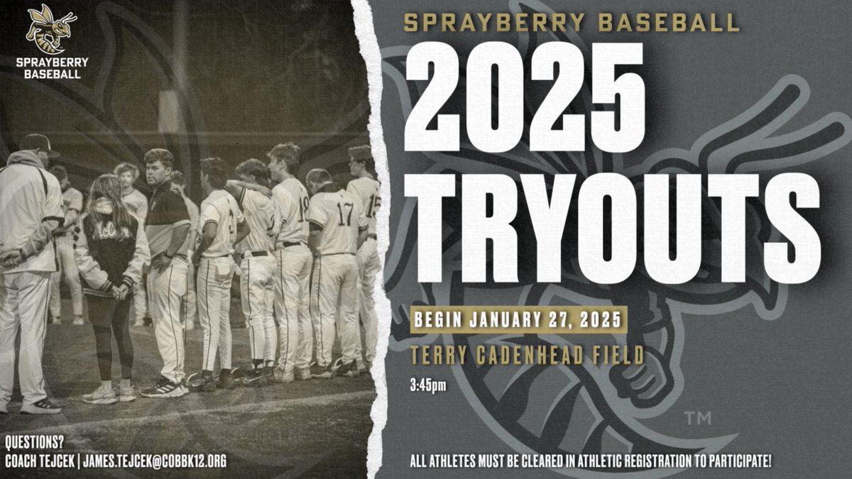 Reminder that Sprayberry Baseball Tryouts being Monday, January 27th! 
🖤💛🐝⚾
#shspositiveposting #wearesprayberry