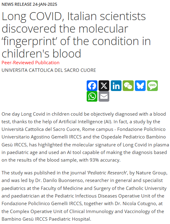 New press release:

"Long COVID, Italian scientists discovered the molecular ‘fingerprint’ of the condition in children's blood" - led by <a href="/surf4children/">Danilo.Buonsenso_Surf4Children</a>
eurekalert.org/news-releases/…

#LongCovid #LongCovidKids