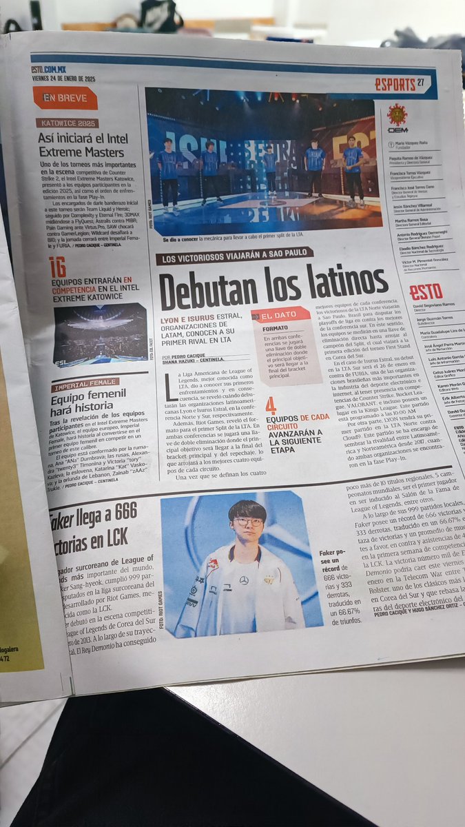 VIERNES DE ESPORTS EN <a href="/estoenlinea/">Esto en Línea</a> 🗞️

🟣 El inminente debut de <a href="/LyonLATAM/">LYON</a> y <a href="/IsurusEstral/">Por si vuelve Isurus Estral</a> en la #LTA 
🟡 Ya viene el IEM de Katowice con historia de por medio 
🟣 Faker sigue cosechando récords 1️⃣0️⃣0️⃣0️⃣