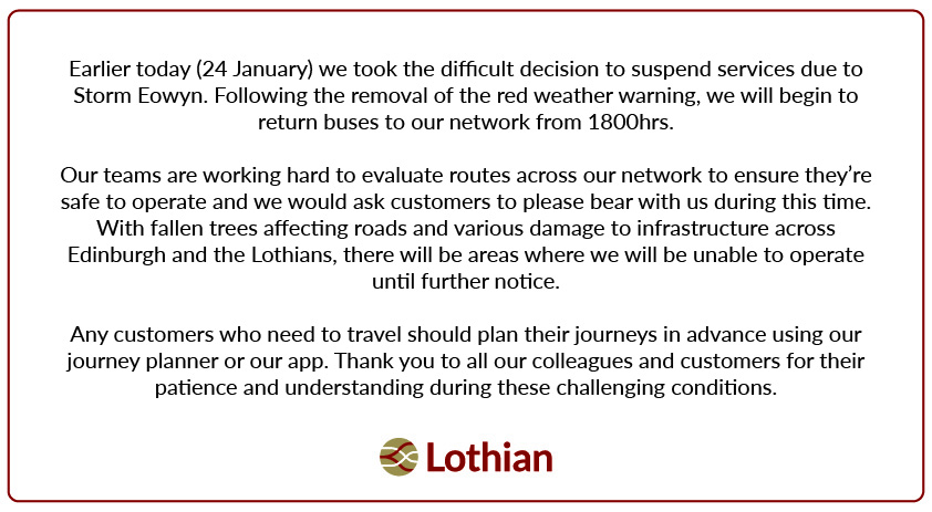 Please see update below 👇

Thank you for your patience and understanding.

#LothianBuses #StormÉowyn #Edinburgh
