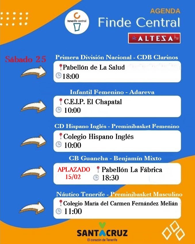 TenerifeCentral's tweet photo. AGENDA | #Findecentral

Con el patrocinio de Supermercados Tu Alteza, @deportesctfe y @DXTenerife ✍️

¡Acude a animar! 👏
¡Te esperamos en las gradas! 👏

💙🤍🧡🩷
#SienteElCentral
#CompromisoCentral
#FamiliaCentral https://t.co/0vwZLA0KDN