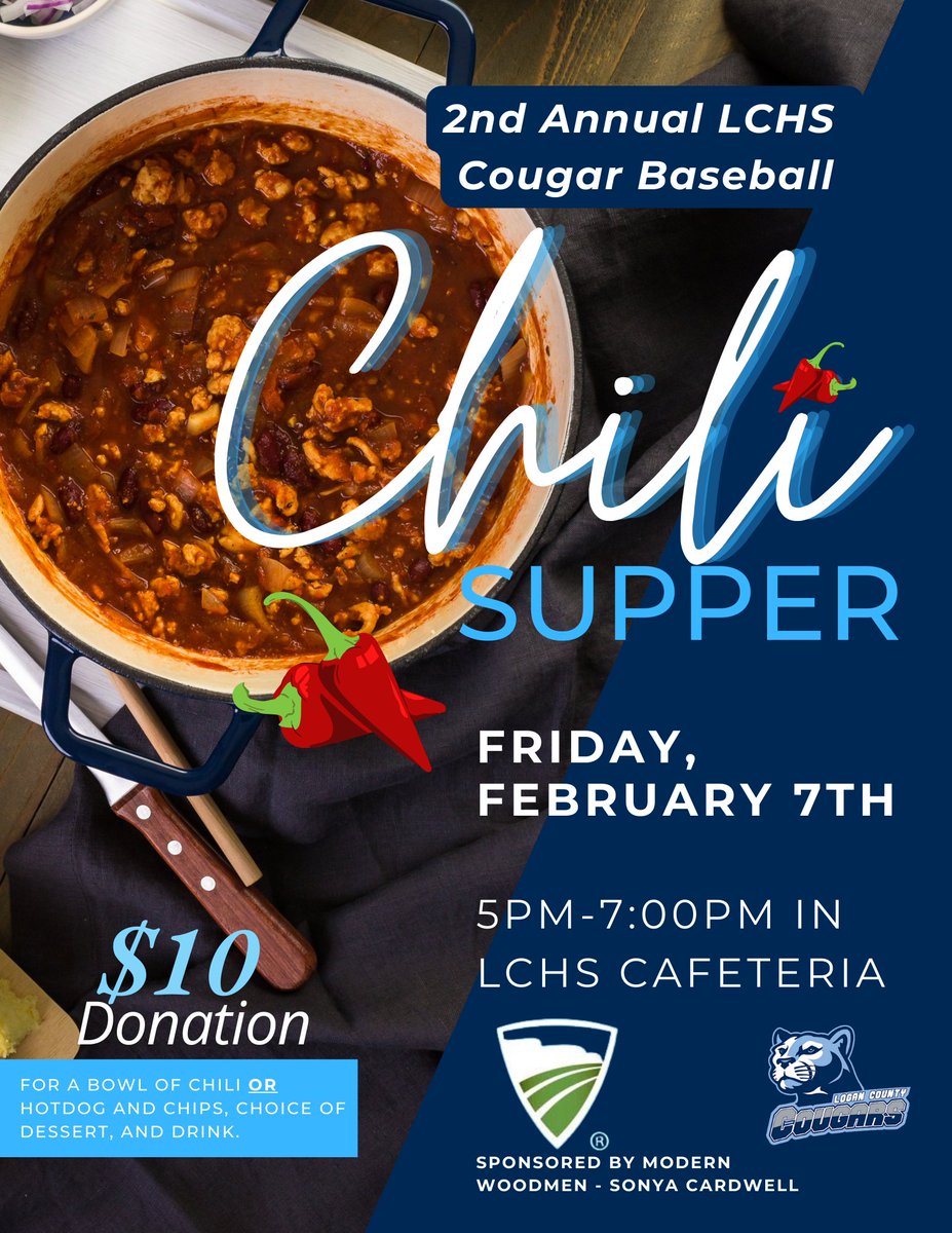 The 2nd Annual LCHS Cougar Baseball Chili Supper fundraiser will be held at LCHS on Friday, February 7th from 5pm-7pm, sponsored by Sonya Cardwell, Regional Director, Modern Woodmen of America. Mark your calendars, we'll see you there! 
#LCPride #CougarNation
