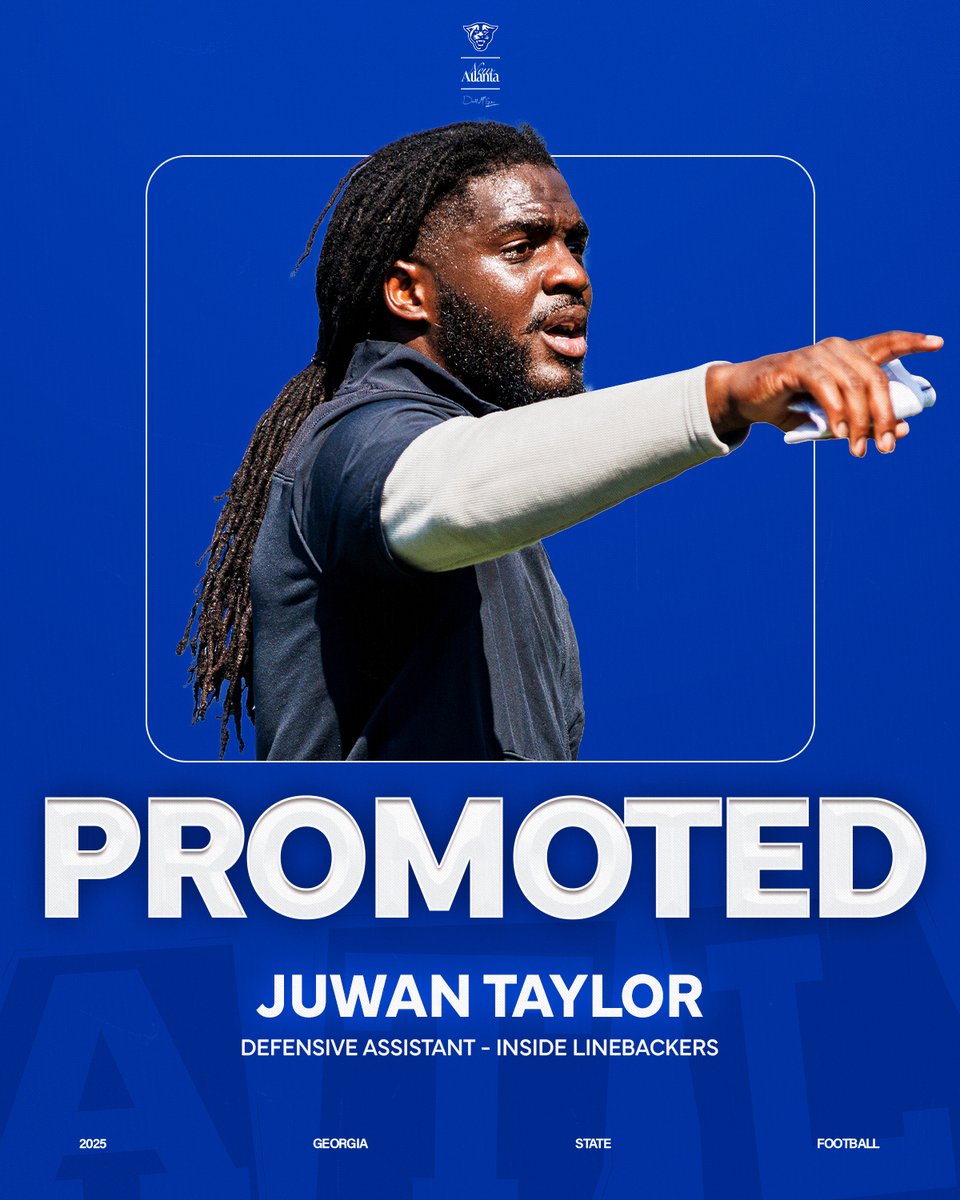 GSU Football (@georgiastatefb) on Twitter photo Promoted, <a href="/Jttaylor_44/">juwan “Coach JT” Taylor</a>! 📈
After spending last season as a graduate assistant, Coach Taylor has been elevated to inside linebackers coach.
#LightItBlue | #NewAtlanta Promoted, <a href="/Jttaylor_44/">juwan “Coach JT” Taylor</a>! 📈
After spending last season as a graduate assistant, Coach Taylor has been elevated to inside linebackers coach.
#LightItBlue | #NewAtlanta