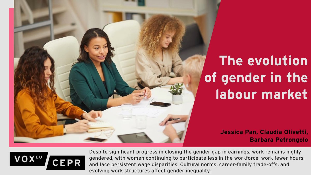 VoxEU (@voxeu) on Twitter photo Women still participate less in the workforce, work fewer hours, & face persistent wage gaps. Cultural norms, career-family trade-offs, and evolving work structures all play a role.
<a href="/jesspan13/">Jessica Pan</a>, C Olivetti <a href="/DartmouthEcon/">DartmouthEcon</a>, B Petrongolo <a href="/NuffieldCollege/">Nuffield College</a>
ow.ly/nvEx50ULHzX Women still participate less in the workforce, work fewer hours, & face persistent wage gaps. Cultural norms, career-family trade-offs, and evolving work structures all play a role.
<a href="/jesspan13/">Jessica Pan</a>, C Olivetti <a href="/DartmouthEcon/">DartmouthEcon</a>, B Petrongolo <a href="/NuffieldCollege/">Nuffield College</a>
ow.ly/nvEx50ULHzX