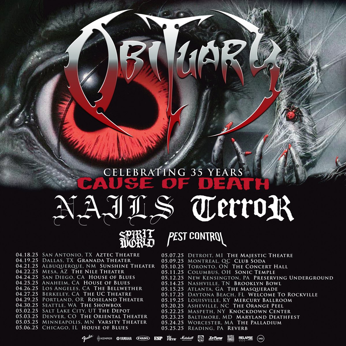 Tickets are on sale NOW across North America for the 35 Years of Cause of Death Tour w/ Nails, Terror, SpiritWorld &amp; Pest Control!

obituary.cc/tour