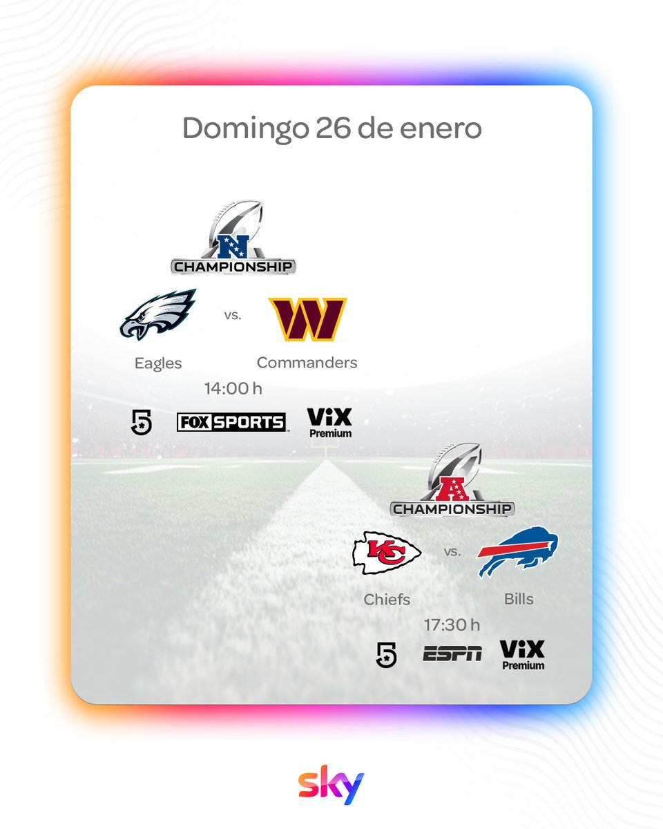 skymexico's tweet photo. 🏈 Los playoffs de la #NFL están llenos de sorpresas, adrenalina y grandes duelos.

¿Quiénes llegarán al gran duelo final? ¡Acá te dejamos el calendario! 🏟️

#PlayoffsNFL #MiEntretenimientoEnSky https://t.co/UmKVj5gMhN