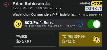 fullbore_'s tweet photo. Commanders vs Eagles🏈
Jan 26th @ 3:00PM EST 

Player Touchdown Prop: Brian Robinson Jr
Bookies: FD + DK

Profit (4.6%) = $4.24💰 https://t.co/gBxsjOobky