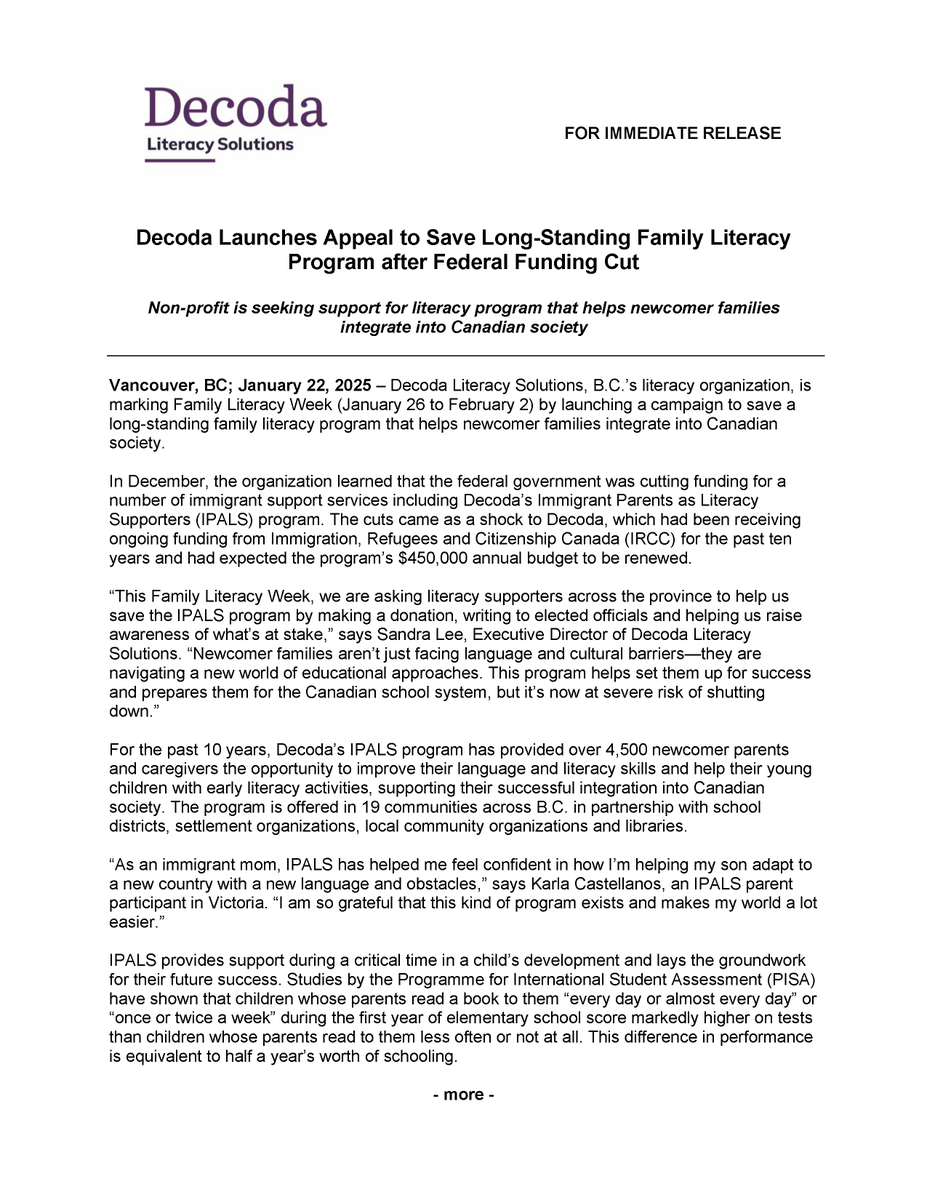 decodaliteracy's tweet photo. 📰 Important #News Release! #SaveIPALS 
Visit Decoda’s website https://t.co/J84nS4V1x8 to:
- Donate to directly support the program
- Send a letter to their MLA
- Send a message of support
- Spread the word amongst others

👉 Download the news release: https://t.co/J1CkCzYYUI https://t.co/DDburwonM8
