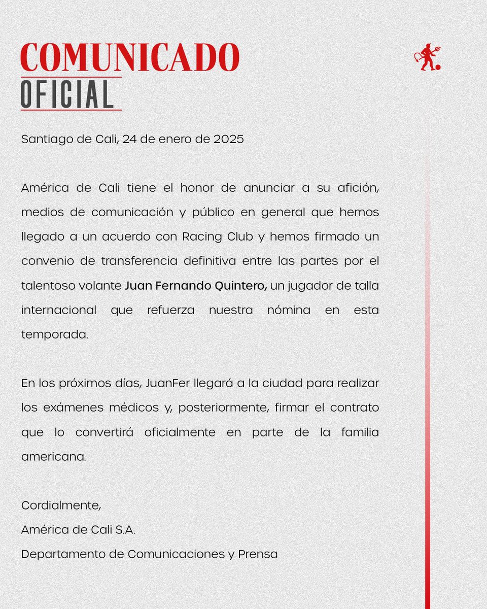 FichajeGoleador's tweet photo. 💣💣 BOMBAZO OFICIAL!

🚨 América de Cali anuncia la llegada del volante Juan Fernando Quintero procedente de Racing Club. 

➡️ Tras una larga negociación, el 10 regresa a su país después de conquistar la Copa Sudamericana con Racing 🏆
#FichajesFG ✅️ 🇨🇴