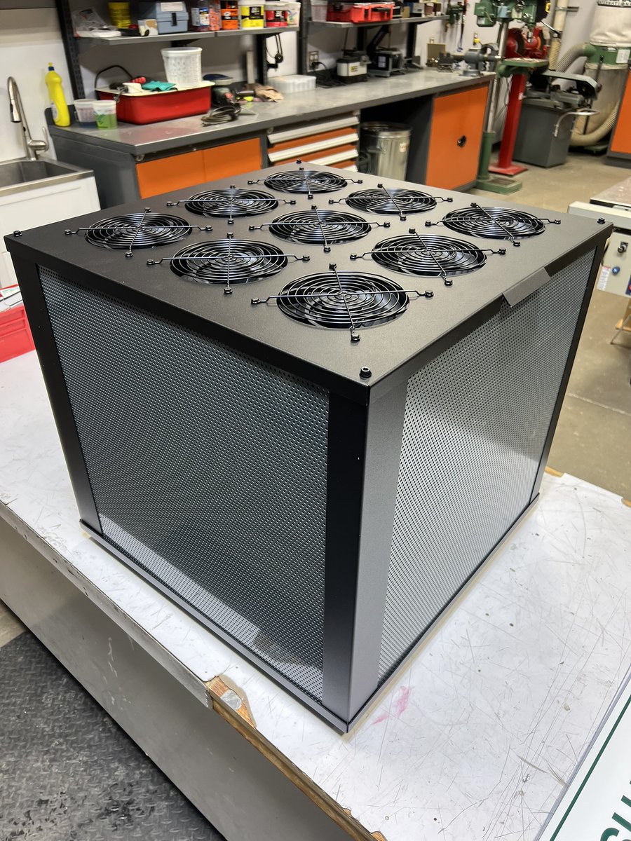Vailima1's tweet photo. Putting the finishing touches on a prototype 9 PC fan air filter unit. Aluminum frame, 20x20x2 MERV-13 filters, ArcticP14 PWM PST fans -  Based on testing from @robwiss, CADR should be around 550cfm @ 45dBA. #crbox https://t.co/5poipwshlk