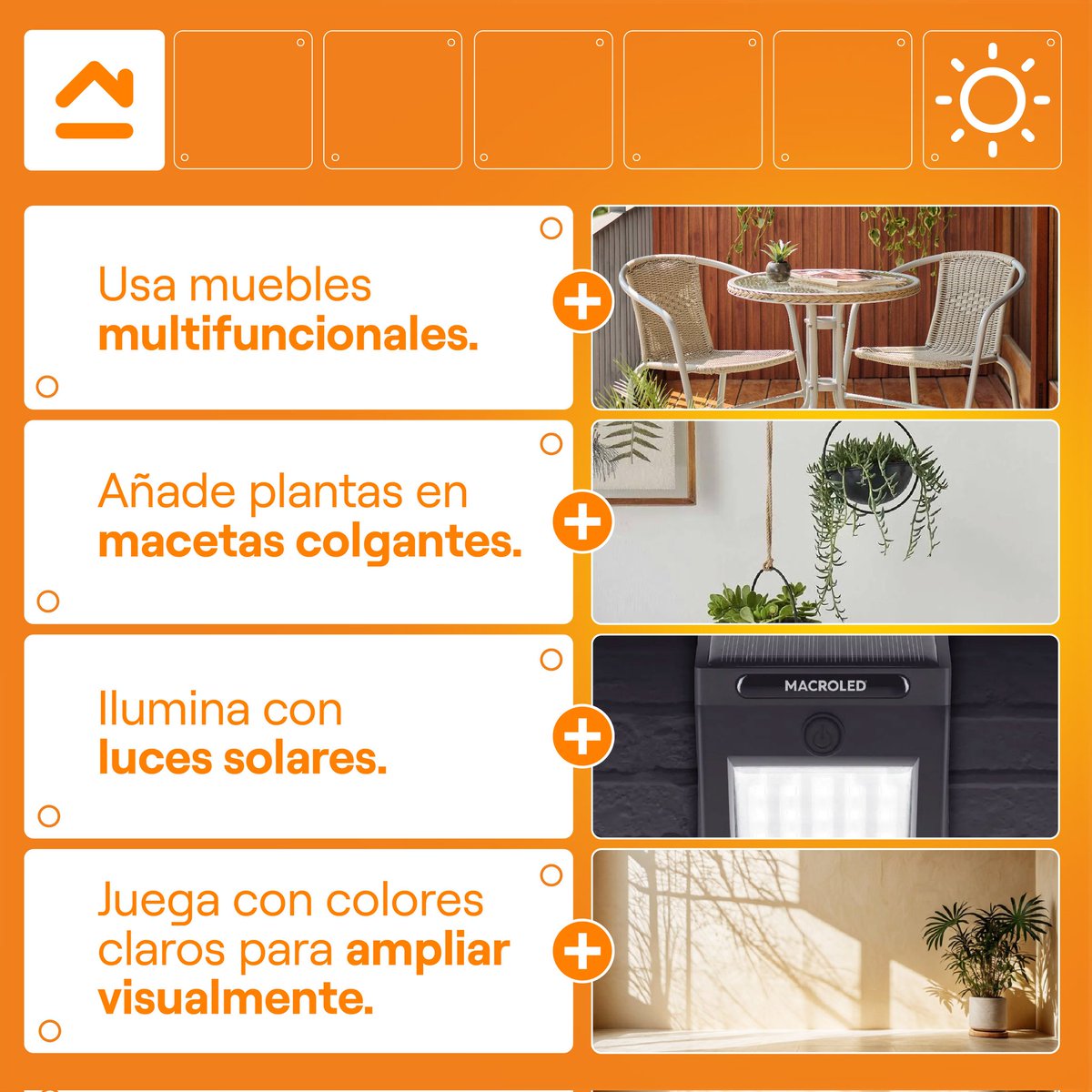 🌞 Este verano, dale vida a tu terraza pequeña 🌿
¿Espacio reducido? ¡No hay problema! Aquí algunos consejos:
🪑 Usa muebles multifuncionales.
🌱 Añade plantas en macetas colgantes.
💡 Ilumina con luces solares.
🎨 Juega con colores claros para ampliar visualmente.
#VeranoEnCasa