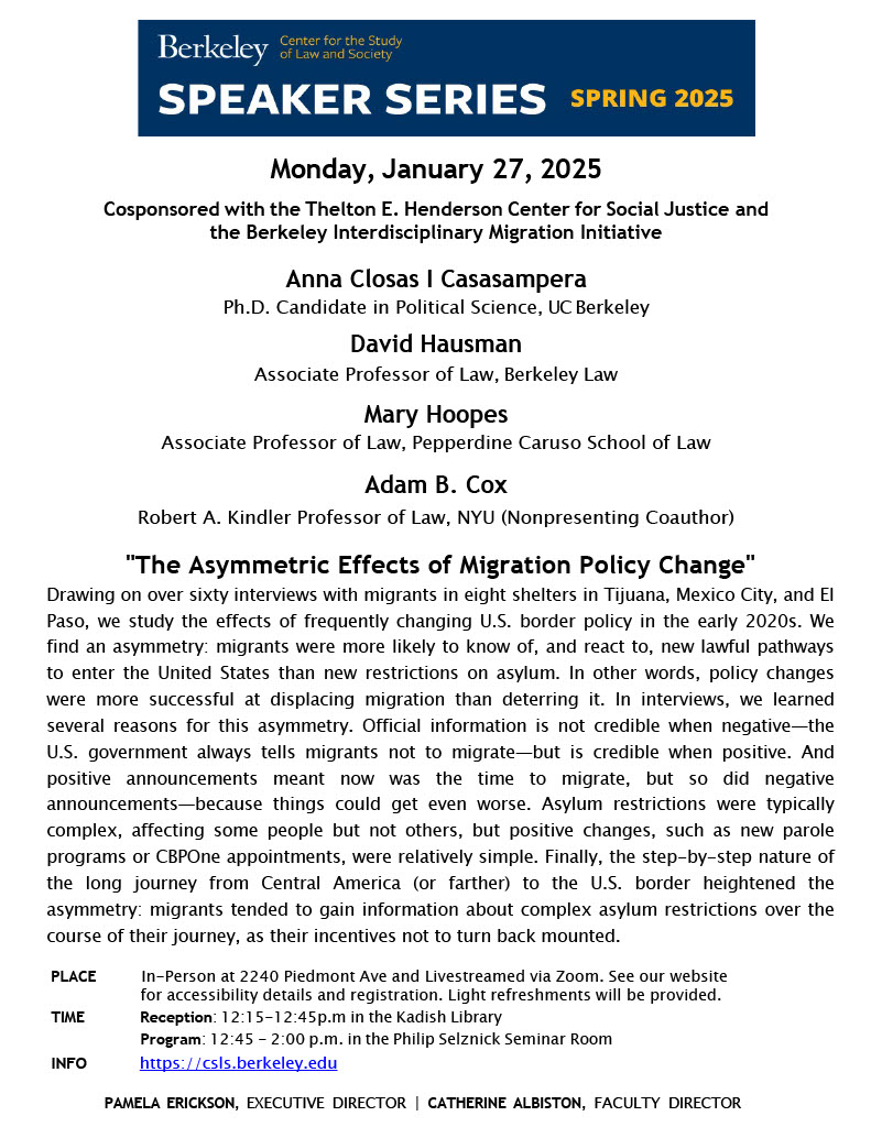 Please join us for our first Speaker Series event of the semester: "The Asymmetric Effects of Migration Policy Change" held In-Person and Livestreamed via Zoom, Monday 1/27.

Registration and accessibility details can be found on our website here: rb.gy/pltjm