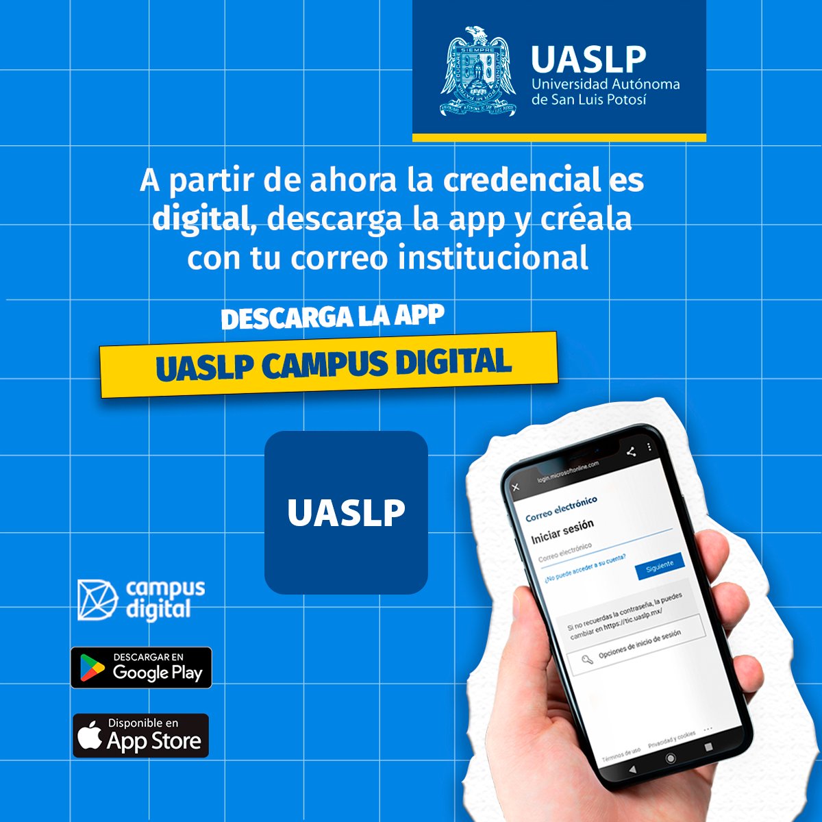LaUASLP's tweet photo. 📣 Estudiante #UASLP ¡tu nueva credencial digital es importante! 

Descárgala con tu correo institucional en: 
🟡 Google Play: https://t.co/Fq5Kh8QyNq 
🟡 App Store: https://t.co/VGHOm1yL3a https://t.co/4iUFgney6s