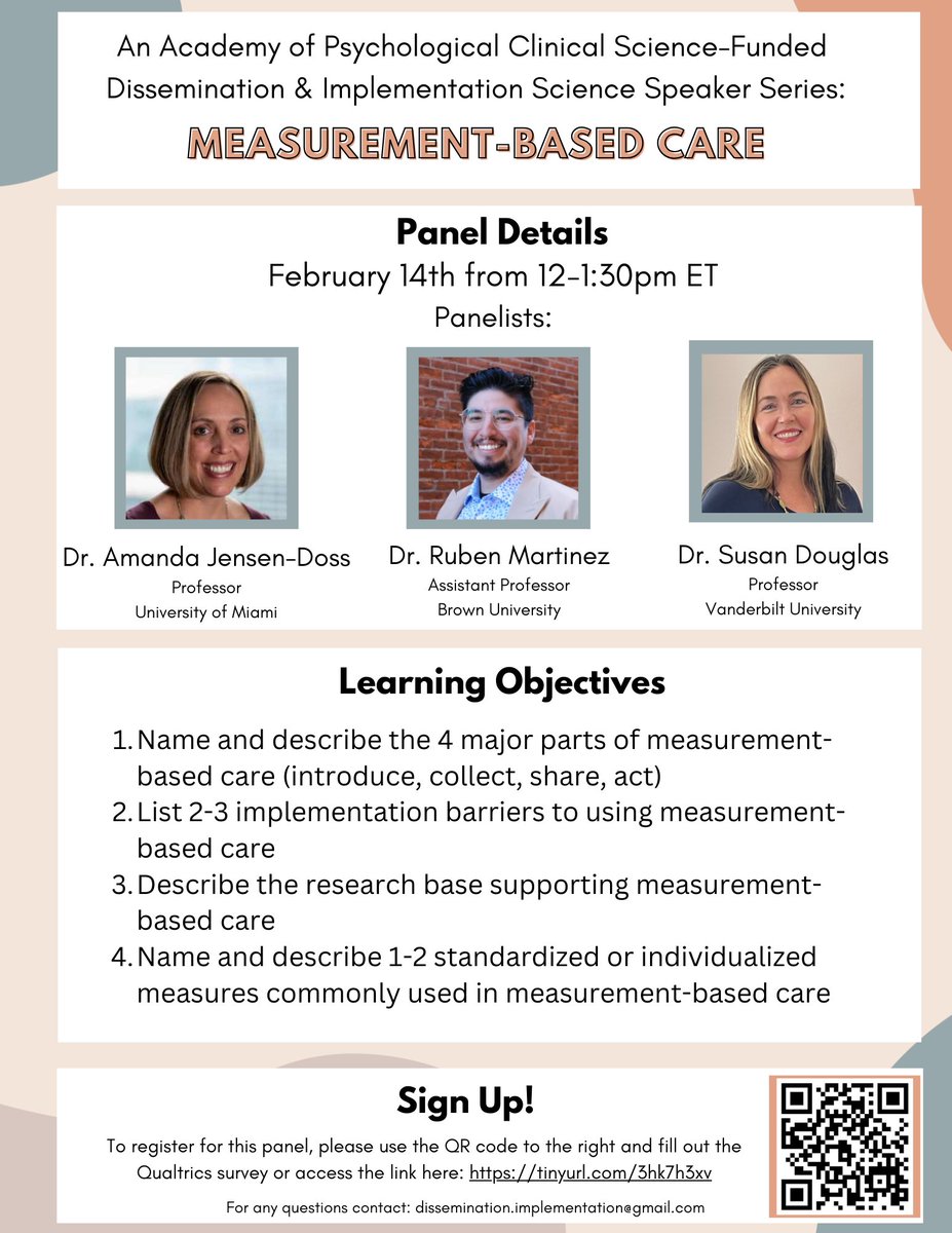 We are excited to share that registration is now open for the next panel in our free D&amp;I speaker series! 🎉 Use the QR code to sign up and join us for a virtual panel on 'Measurement-based Care' 📈📊featuring Dr. Amanda Jensen-Doss, Dr. Ruben Martinez, &amp; Dr. Susan Douglas
