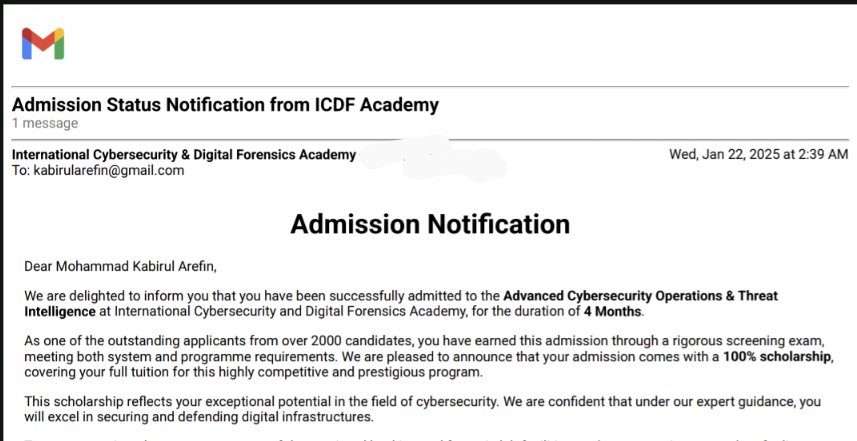 Alhamdulillah!! I am delighted to share that Ihave been successfully admitted to the Advanced Cybersecurity Operations &amp; Threat Intelligence program at the INTERNATIONAL CYBERSECURITY AND DIGITAL FORENSICS ACADEMY through fully funded scholarship. 
#CyberSecurity
#CyberOps #learn