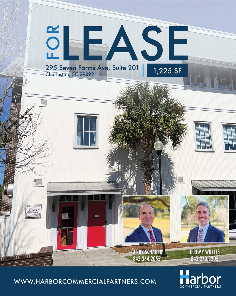 PartnersHarbor's tweet photo. For Lease! A 1,225 SF office suite is available in the heart of vibrant Daniel Island. 295 Seven Farms Ave, Suite 201 features high ceilings, large windows, and free parking. Contact Gerry and Jeremy today for more information! https://t.co/YsBzbM566L