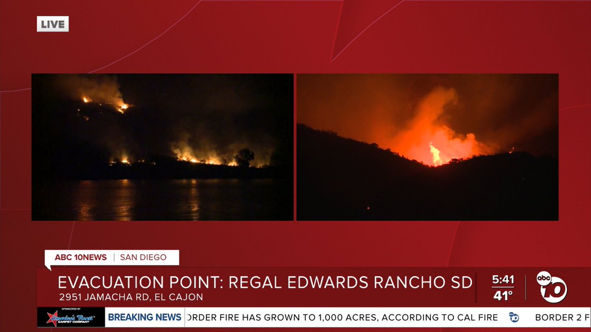 10NewsAarons's tweet image. Windy conditions are making the #Border2Fire very dangerous this morning. It's now 1000 acres and growing. The main concern is embers starting spot fires away from the Otay Mountain area. Stay with ABC @10News all morning for updates.