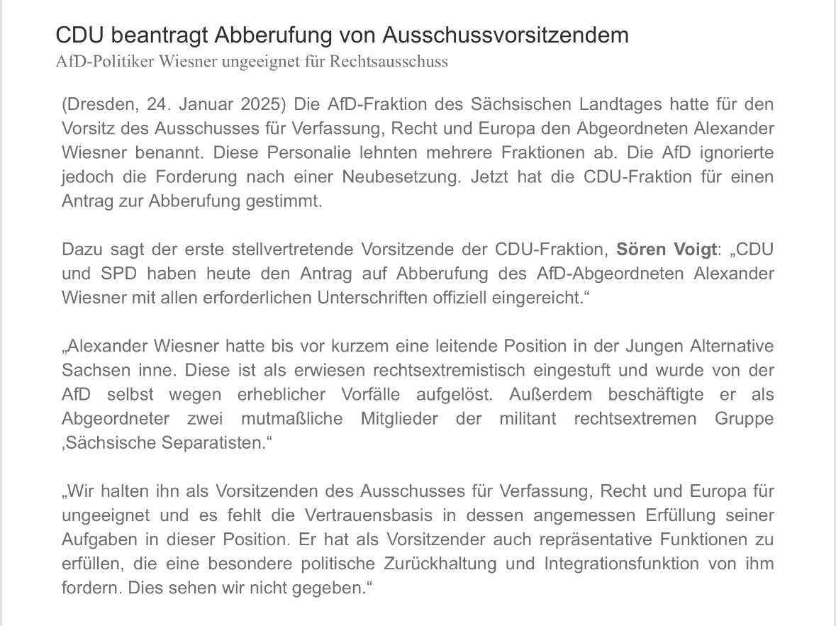 kollenbergkai's tweet photo. Weil die AfD-Fraktion an Alexander Wiesner als Vorsitzenden des Justizausschusses festhalten will, beantragen CDU und SPD nun dessen Abberufung. Linke und Grüne unterstützen das. Damit steht die Mehrheit im Landtag, die es für diesen Schritt braucht. #Sachsen #saxlt https://t.co/wrcmmR5G1J