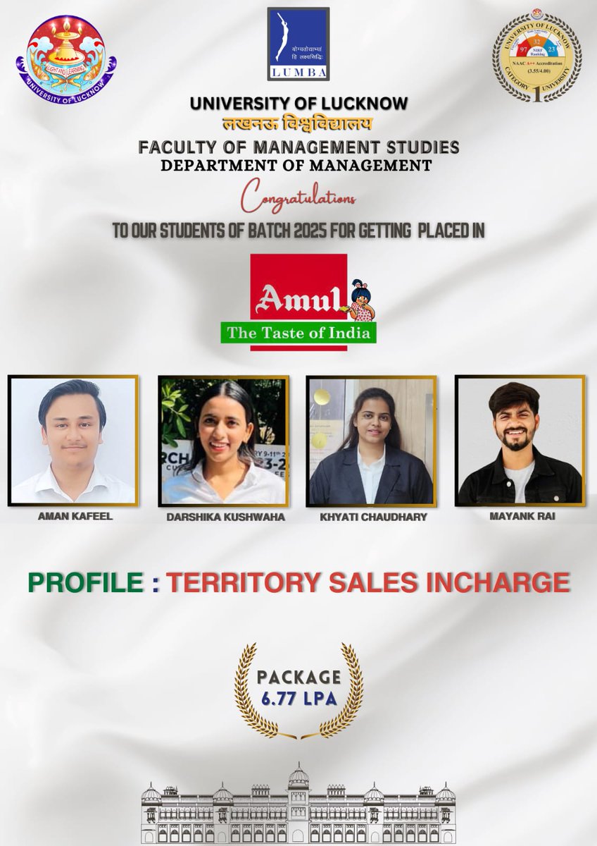 LUMBA_Lucknow's tweet photo. Heartiest congratulations to the students of FMS LU for securing campus placements at Amul! Wishing you great success in your professional journey ahead. Keep shining!" https://t.co/zkhQKUKq7o