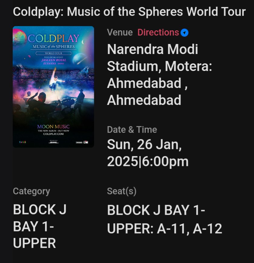 divyangbaria's tweet photo. I do have 2 Coldplay tickets for Ahmedabad.
26th Jan
J Block, Upper  A-11,A-12

Please contact asap.
#coldplayahmedabad
#Coldplay #Ahmedabad https://t.co/Xkseh1SbXt