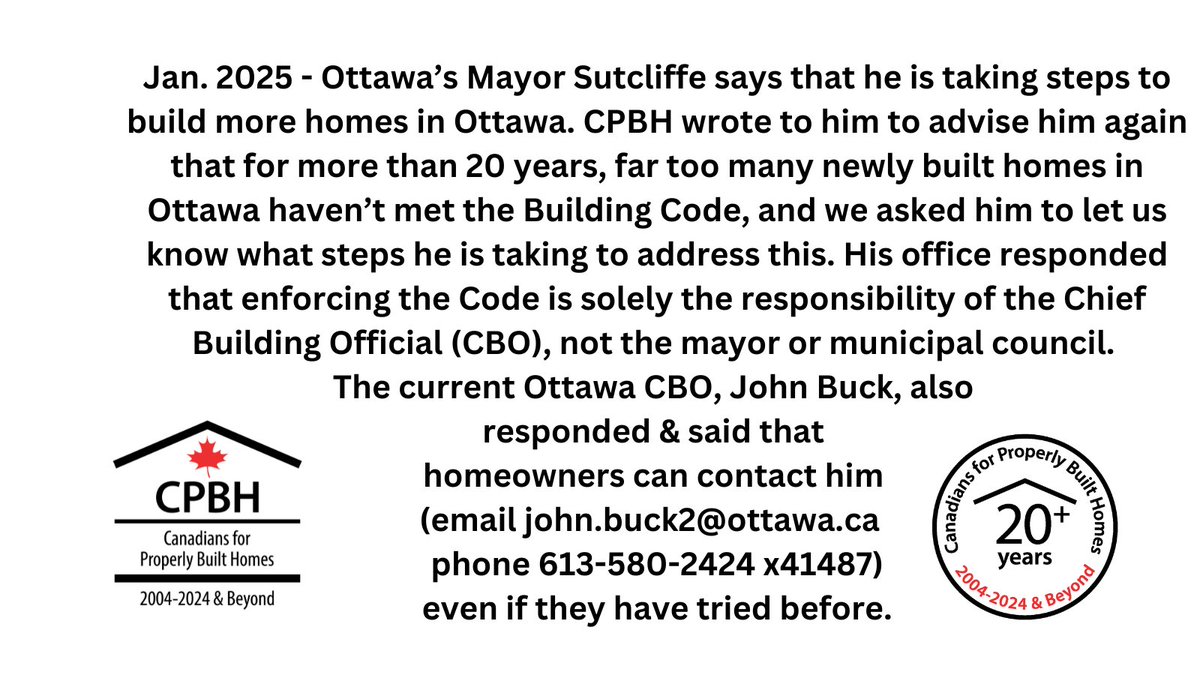 CPBH01's tweet image. Hello Ottawa homeowners with Code violations in newly built homes. A message for you⤵️
If you do contact Mr. Buck, please let us know how you make out - email: info@canadiansforproperlybuilthomes.com
#Ottawa #ottcity #enforcethecode #newlybuilthomes