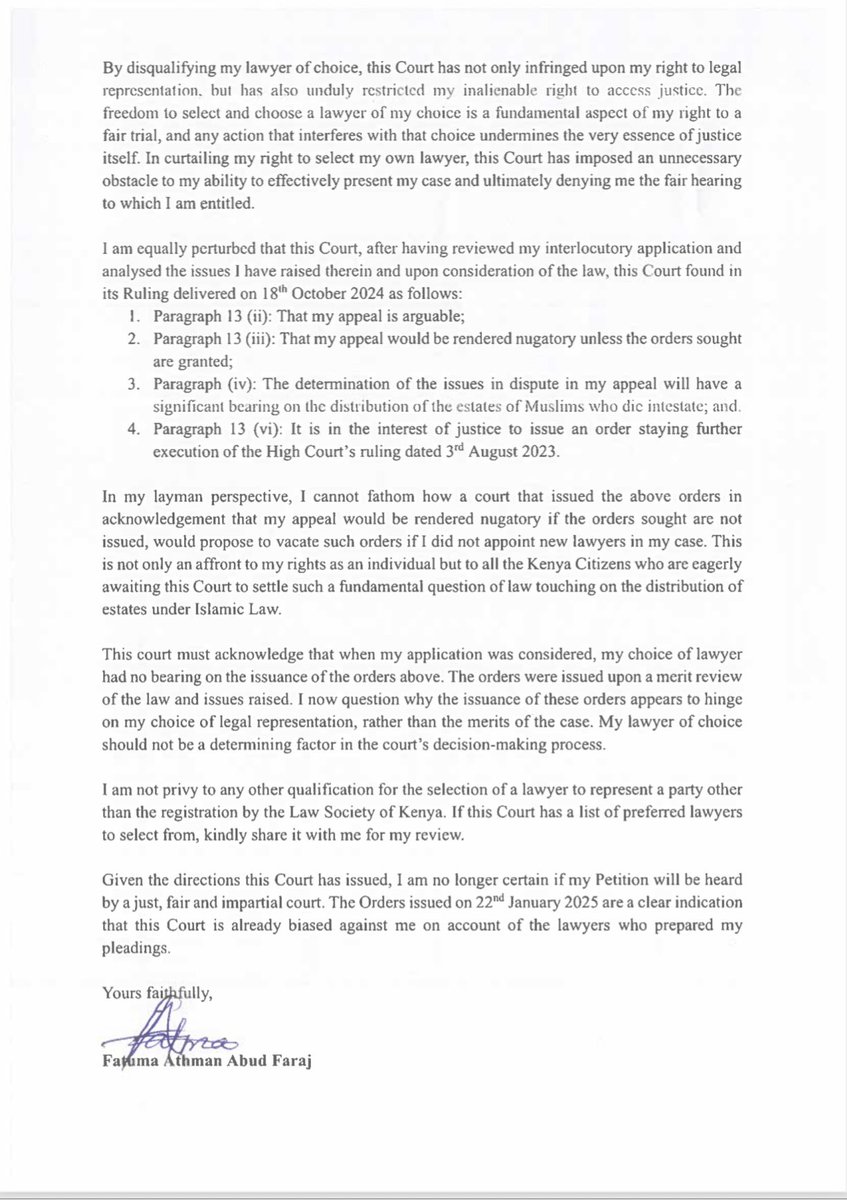 C J Martha Koome and the 6 Judges of the Supreme Court have through their ban on Ahmednasir Abdullahi SC and the 20 Advocates in his firm curtailed the right of Fatuma Athman Abud Faraj to an Advocate of her choice. The entire Supreme Court must go for misconduct and misbehavior.