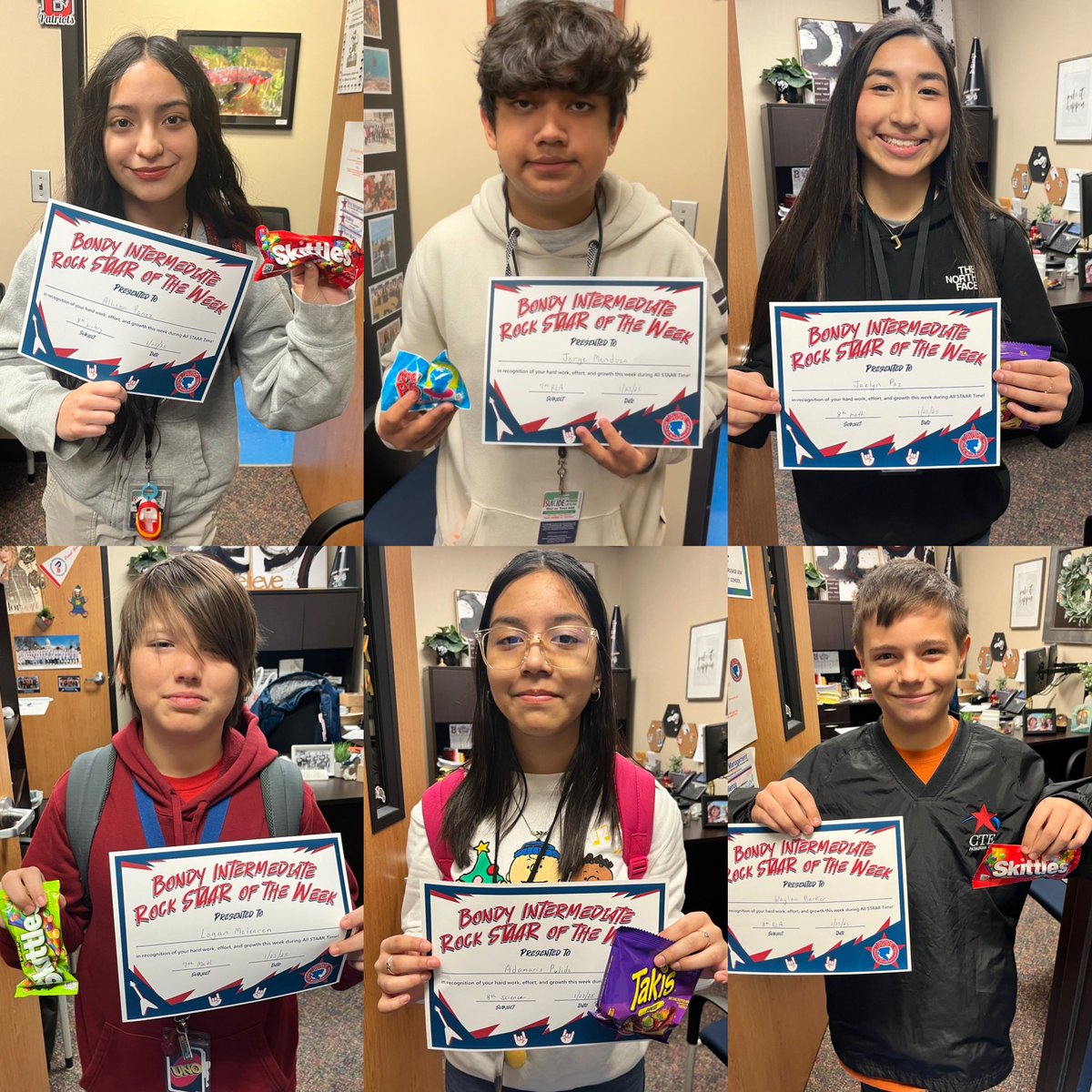 Congrats to our Rock STAARS of the Week! These students showed exceptional effort and growth during All STAAR Time last week!

7th RLA: Jorge Mendoza
7th math: Logan Mclearen
8th RLA: Waylon Barker
8th math: Jaelyn Paz
8th science: Adamaris Pulido
8th history: Allison Yanez