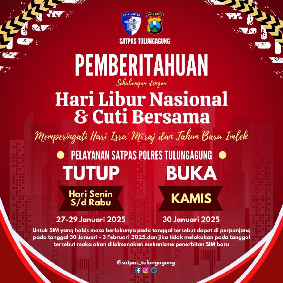 Res1Tulungagung's tweet photo. Sehubungan hari libur nasional peringatan Isra'Mi'raj dan Tahun baru Imlek, pelayanan SIM, SAMTSAT, BPKB dan SKCK silahkan di geser ya pak bu 🫡

@satpas_tulungagung @satlantaspolrestulungagung @kb.samsat_tulungagung @skckpolrestulungagung 

#polrestulungagung #tulungagung #sim https://t.co/4ehEZjD0yD