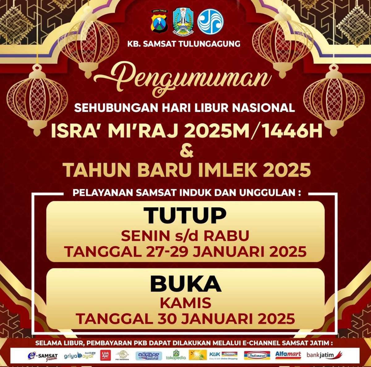 Res1Tulungagung's tweet photo. Sehubungan hari libur nasional peringatan Isra'Mi'raj dan Tahun baru Imlek, pelayanan SIM, SAMTSAT, BPKB dan SKCK silahkan di geser ya pak bu 🫡

@satpas_tulungagung @satlantaspolrestulungagung @kb.samsat_tulungagung @skckpolrestulungagung 

#polrestulungagung #tulungagung #sim https://t.co/4ehEZjD0yD