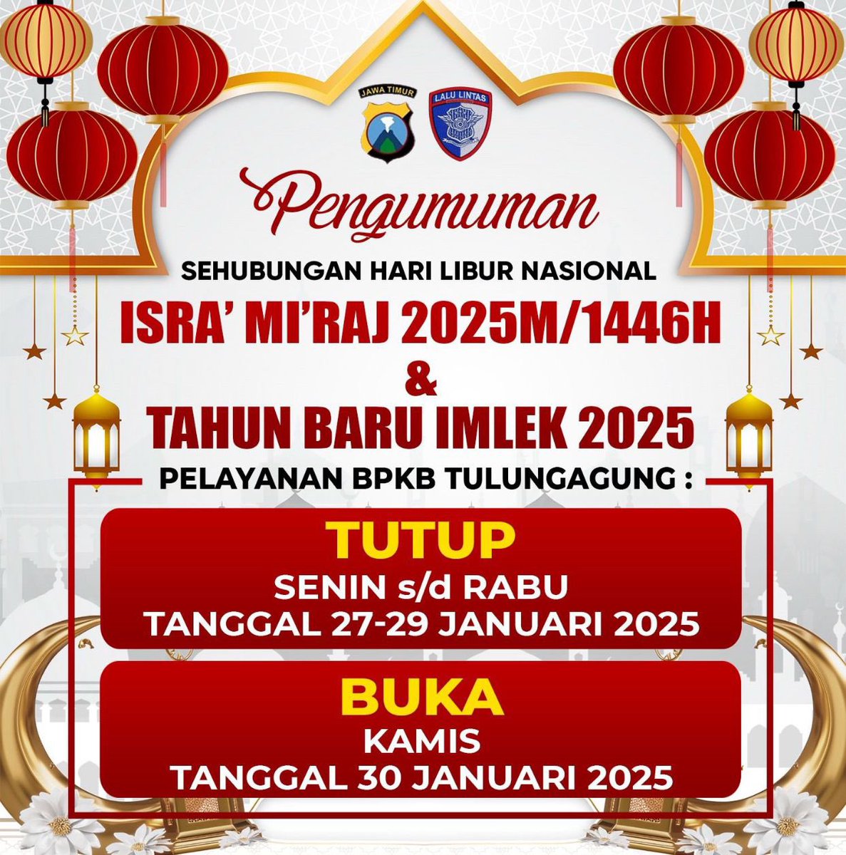 Res1Tulungagung's tweet photo. Sehubungan hari libur nasional peringatan Isra'Mi'raj dan Tahun baru Imlek, pelayanan SIM, SAMTSAT, BPKB dan SKCK silahkan di geser ya pak bu 🫡

@satpas_tulungagung @satlantaspolrestulungagung @kb.samsat_tulungagung @skckpolrestulungagung 

#polrestulungagung #tulungagung #sim https://t.co/4ehEZjD0yD