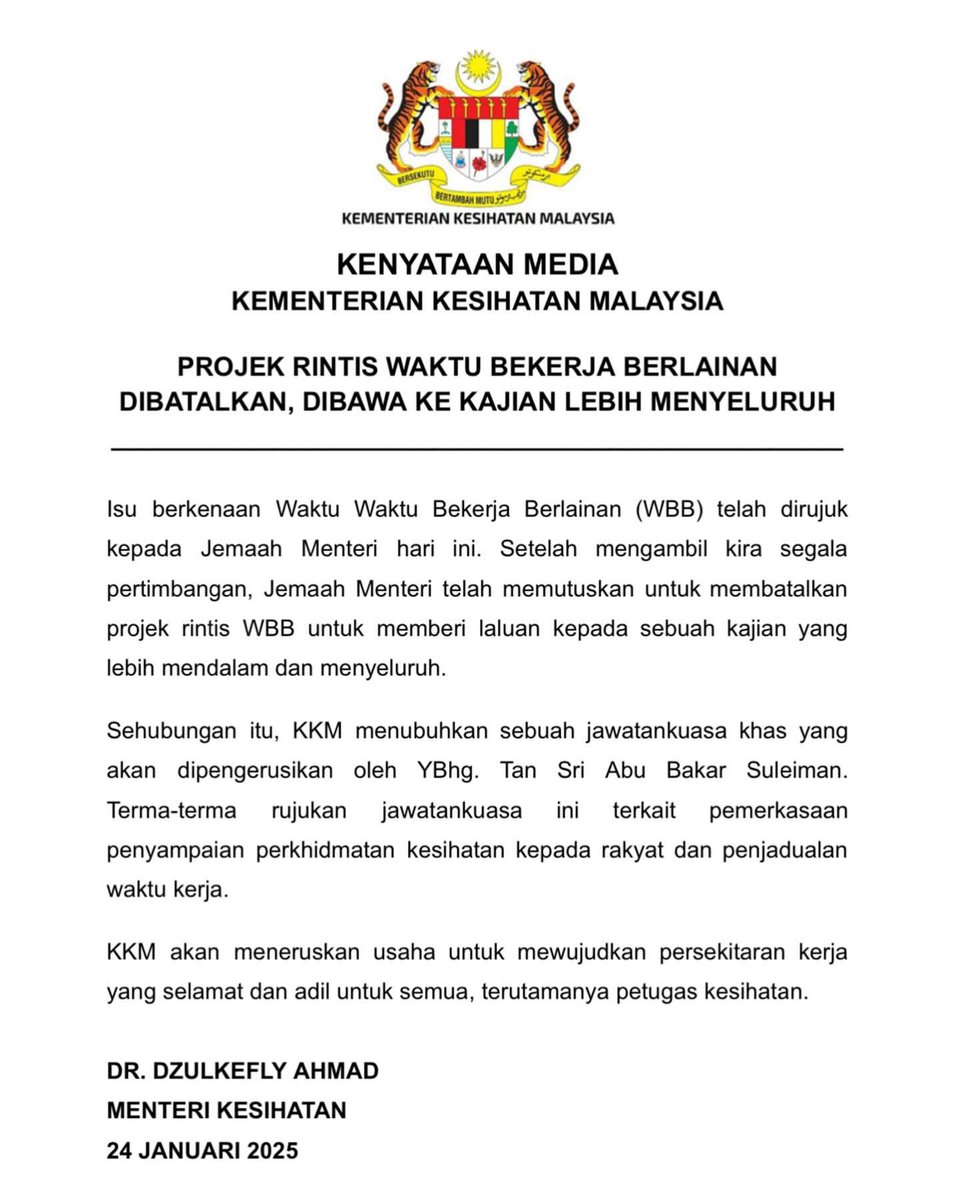 KKMPutrajaya's tweet photo. Kenyataan Media Kementerian Kesihatan Malaysia

Projek Rintis Waktu Bekerja Berlainan Dibatalkan, Dibawa Ke Kajian Lebih Menyeluruh https://t.co/LAr1pVaSIP