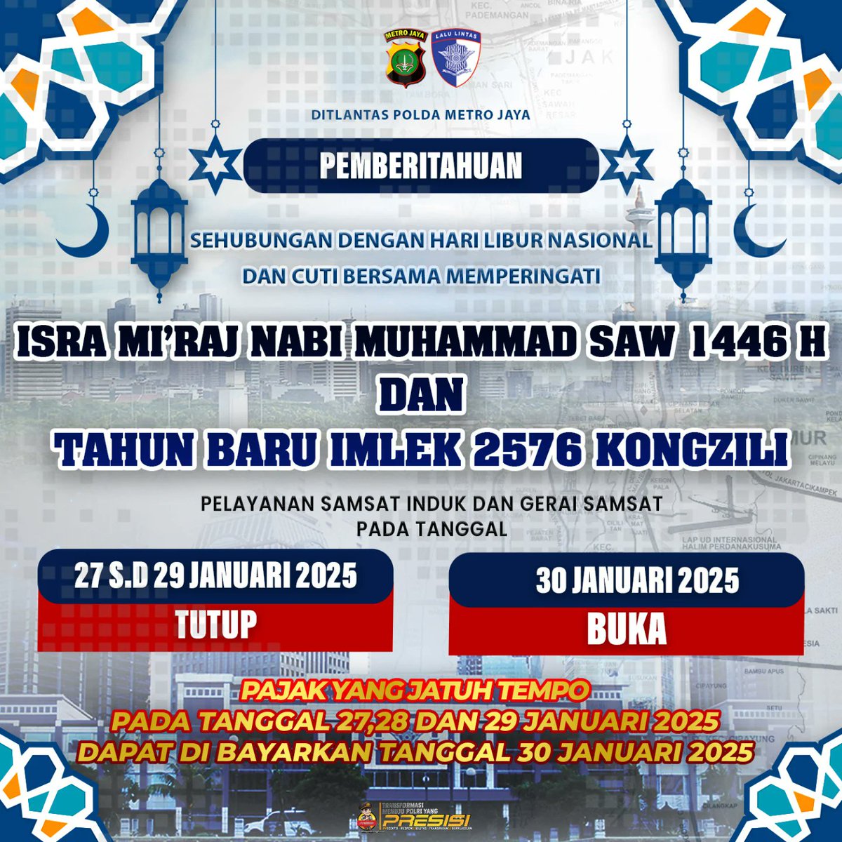 SamsatKotaBkasi's tweet photo. [𝙋𝙀𝙉𝙂𝙐𝙈𝙐𝙈𝘼𝙉]

Bagi Wajib Pajak yang masa habis pajak kendaraannya ditanggal tersebut tidak dikenakan sanksi Administratif, bila pembayaran pajak kendaraan dilakukan pada tanggal 30 Januari 2025.

#LiburNasional
#InfoBekasi
#InfoSamsat
#KotaBekasi
#JawaBarat https://t.co/Upm8OCKb6f