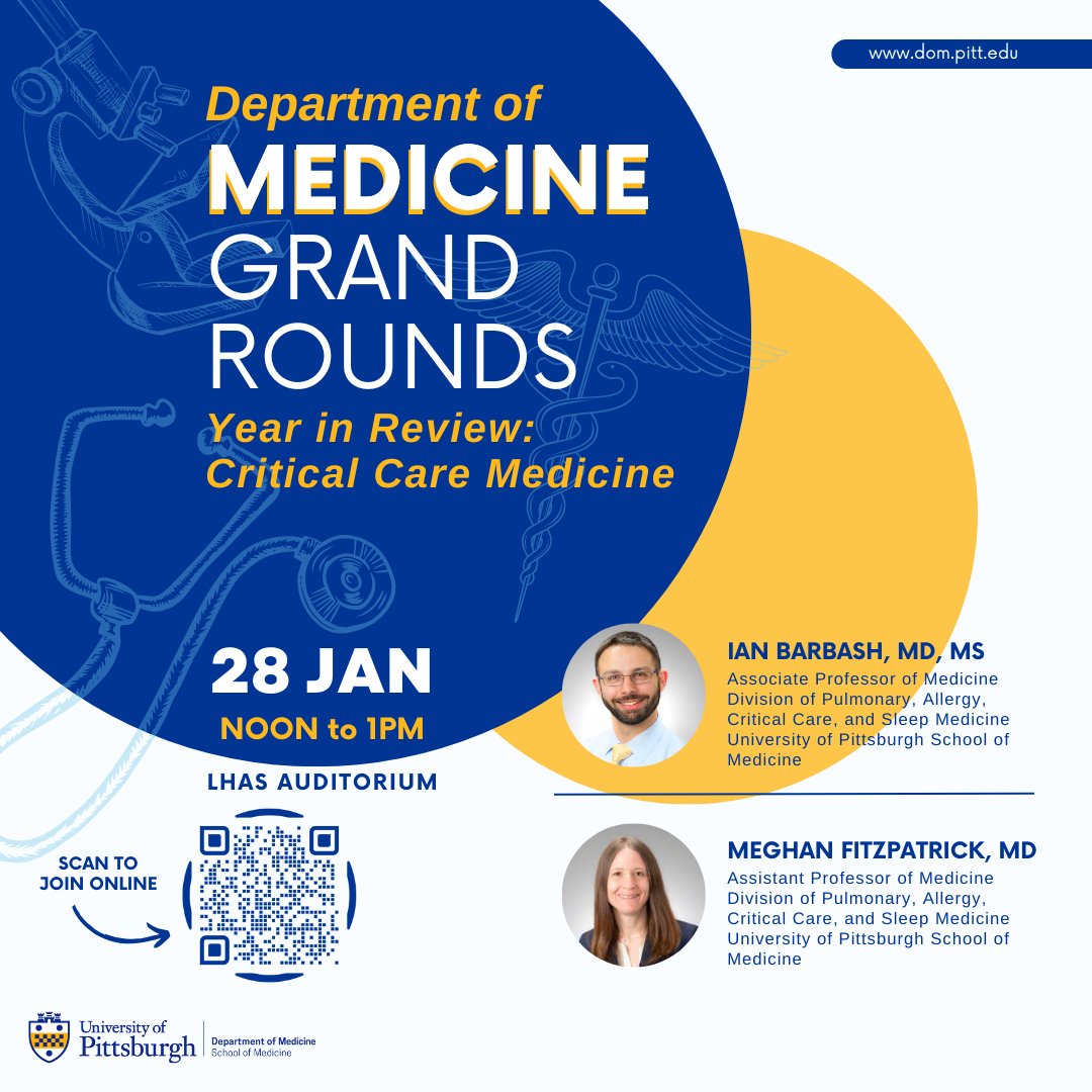 Join us at noon on Tuesday, 01.28.25, for the next DOM Grand Rounds!

Tuesday's MGR, part of our Year in Review Series, will feature an update on Critical Care Medicine, presented by Drs. Ian Barbash and Meghan Fitzpatrick from <a href="/PACCSM/">PACCSM</a>.  

For the link, visit