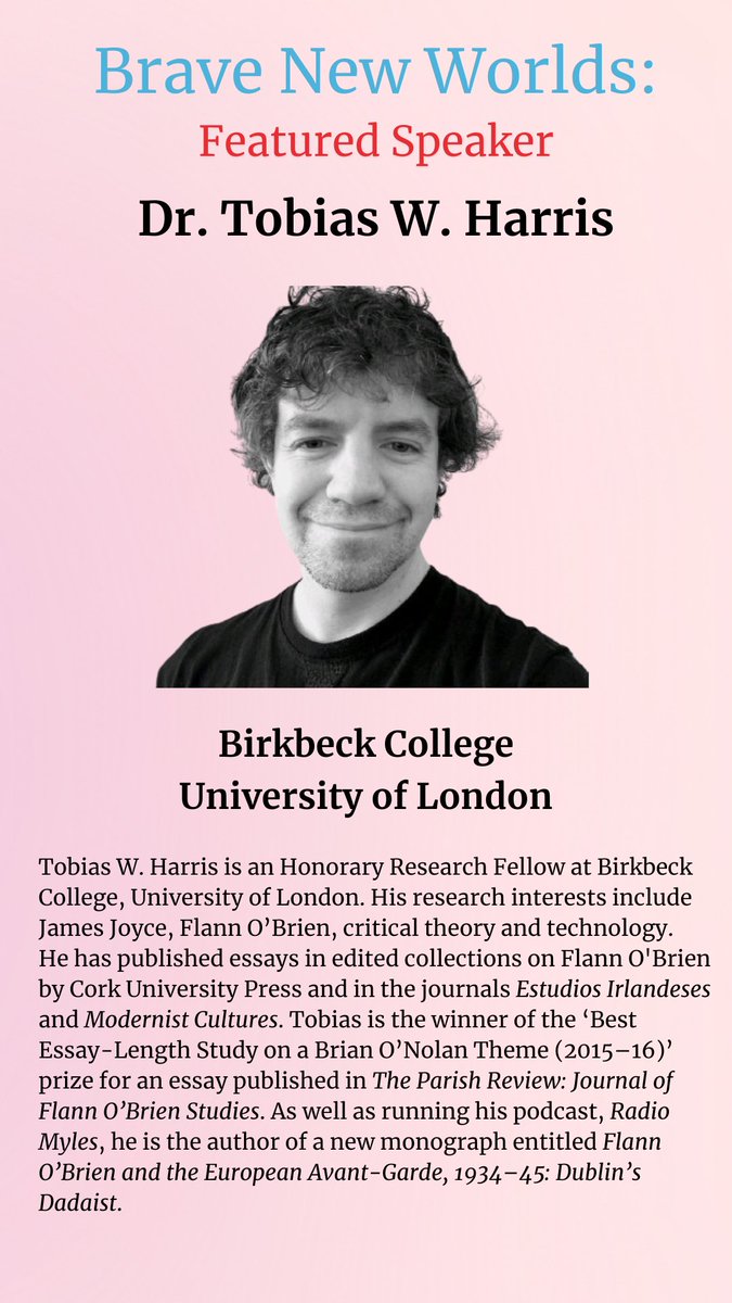 😵‍💫 It now befalls me to announce my OWN featured session at #BraveNewWorlds! 🤭

In Zurich on 8 February I, Tobias W. Harris, will present:

🤖 "Subversive refunctioning: Writing as pharmakon in Huxley and O’Nolan” ✍️

#aldoushuxley #flannobrien #zurichevents