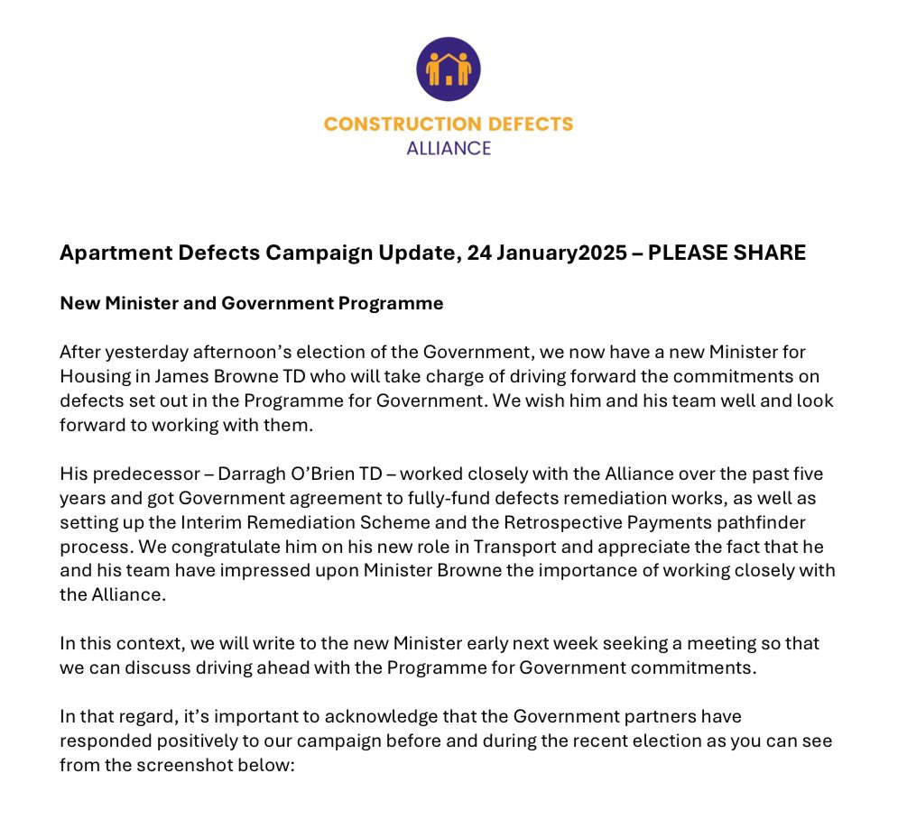 Construction Defects Alliance (@alliancedefects) on Twitter photo Newsletter has just gone out to all <a href="/AllianceDefects/">Construction Defects Alliance</a> supporters.
Main items:
Welcoming new Minister <a href="/JamesBrowneTD/">James Browne TD</a>
Appreciation for work of <a href="/DarraghOBrienTD/">Darragh O'Brien</a>
Positive commitments in the New Programme for Government.
Can be accessed here:
constructiondefectsalliance.ie/assets/files/p… Newsletter has just gone out to all <a href="/AllianceDefects/">Construction Defects Alliance</a> supporters.
Main items:
Welcoming new Minister <a href="/JamesBrowneTD/">James Browne TD</a>
Appreciation for work of <a href="/DarraghOBrienTD/">Darragh O'Brien</a>
Positive commitments in the New Programme for Government.
Can be accessed here:
constructiondefectsalliance.ie/assets/files/p…