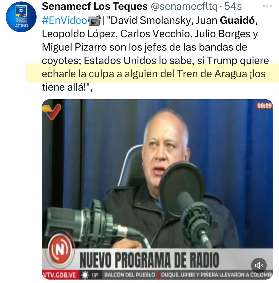 jguaido's tweet photo. Diosdado sigue con la lloradera.

Te explico, cuando hay estado de derecho, no le echan la culpa ‘a alguien’, se establecen responsabilidades, deja el miedo.

El mundo y los EEUU, incluyendo Chile, te señalan como asesino y narcotraficante.

La propaganda no te sirve más. https://t.co/9QqwOgvHxJ