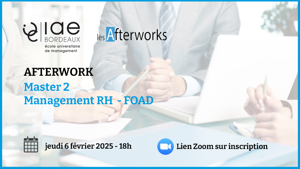 🗓️Jeudi 6 février (18h-19h)
➡️Afterwork en ligne dédié au Master 2 Management RH - FOAD (à distance) en Formation Continue Executive
💬Echangez avec Laïla Benraïss-Noailles, directrice adjointe et responsable pédagogique du programme.
👉INSCRIVEZ-VOUS : iae-bordeaux.fr/Agenda/afterwo…