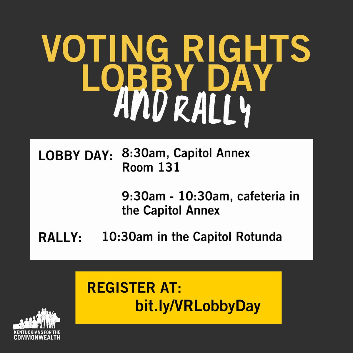 🗳️ Join us on Feb 11, 8:30am-2pm EST at the KY State Capitol! Empower 200k+ Kentuckians to reclaim their vote. Your voice matters! 💪 Sign up: bit.ly/VRLobbyDay